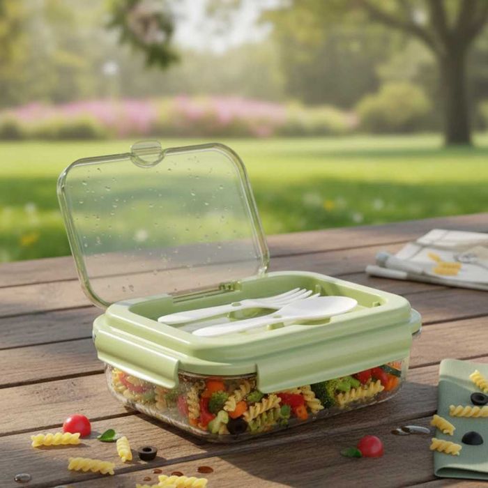 Кутия за обяд  с 3 отделения, вилица и лъжица–компактна кутия за храна