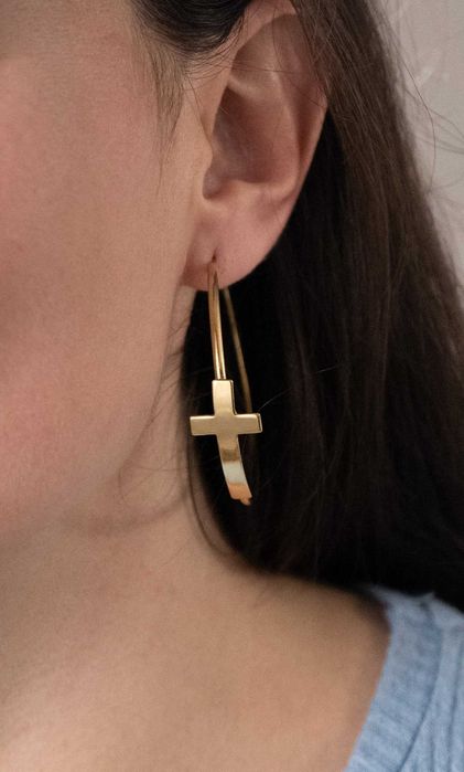 Сребърни обеци с кръст, кръгли обеци, религиозни обеци, сребро 925