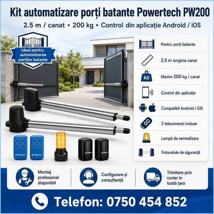Kit smart automatizare porți batante Powertech PW200,(se poate si montaj )  2.5 m canat, 200 kg, cu aplicație Android/iOS.