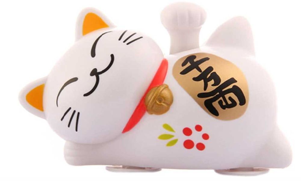 Maneki Neko alb cu energie solară, braț fluturând