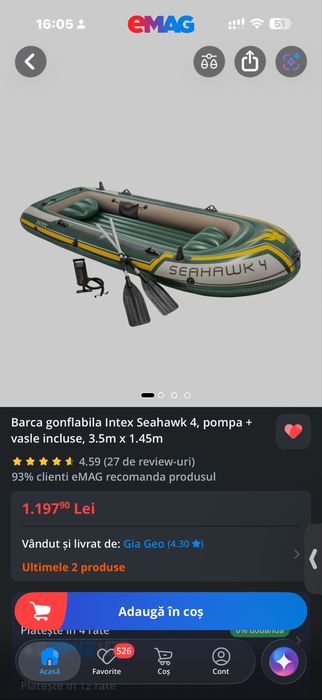 Barca gonflabila Intex Seahawk 4, pompa + vasle incluse, 3.5m x 1.45m