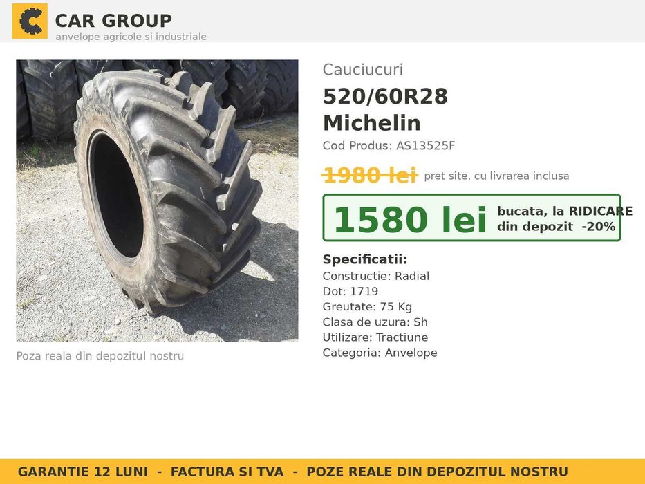 Cauciucuri Anvelope 520/60R28 520 60 R28 5206028 520 60R28 Michelin Tractor Utilaje Agricole Radial SH Second Hand GARANTIE Garantie 1 An Factura