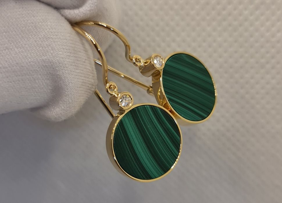 Cercei aur 14k diamante malachit natural