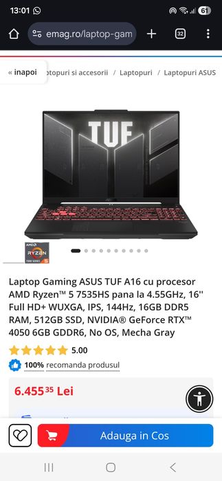 Laptop Gaming ASUS TUF A16 RTX 4050 Ryzen 5 7535hs 16 GB DDR5