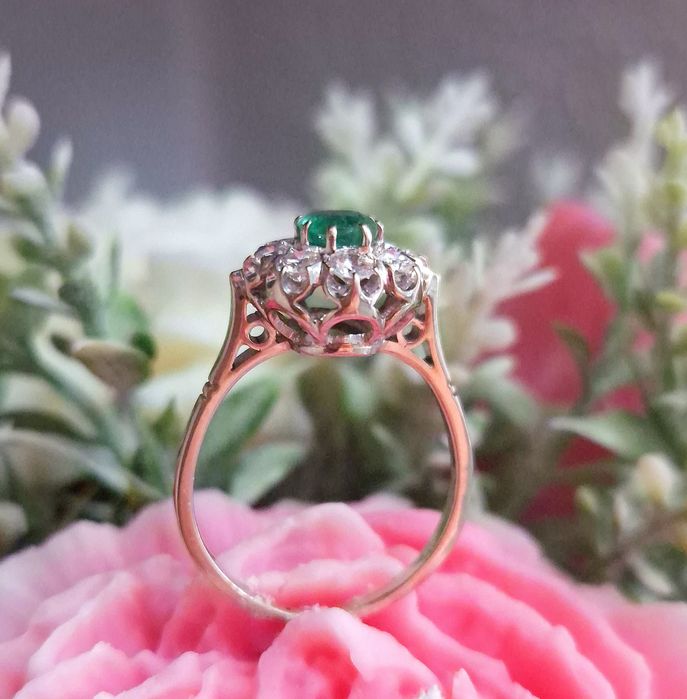 Inel din perioada edwardiana din aur de 14K cu smarald si diamante naturale