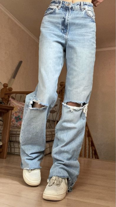 Zara wide leg джинсы с разрезами, голубые, EUR 34