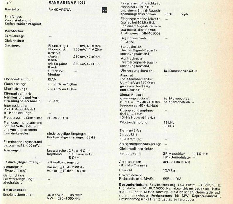 Amplituner Rank Arena R1035 IC anii 70