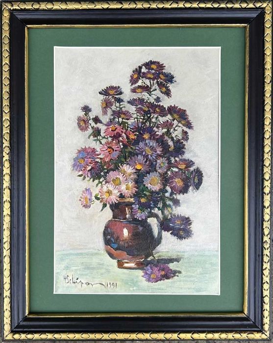 Toader Schipor- Tablou 1991 Vas cu Flori Ochiul Boului, pictura ulei