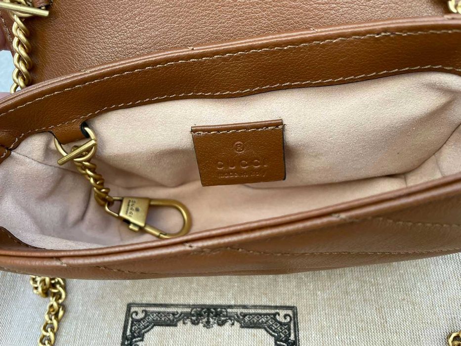Geanta originala Gucci Marmont Super Mini piele maro Logo Gucci GG