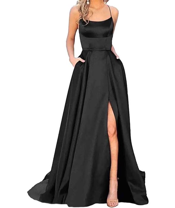 Rochie lungă elegantă pentru femei satin A-line fără spate cu buzunare - neagră L