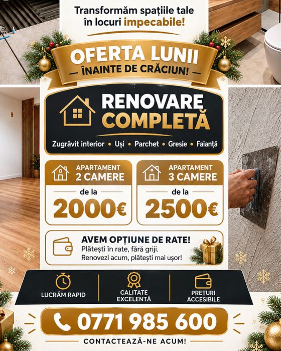 Renovare apartament/Renovare case/ renovare vile/ renovări complet/ zugrav/gresie/faianta/parchet/ Amenajare interioare/ tincuiala /usi/terasa