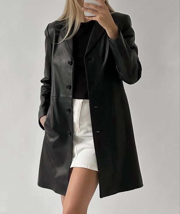 Trench (jacheta) negru din piele naturala