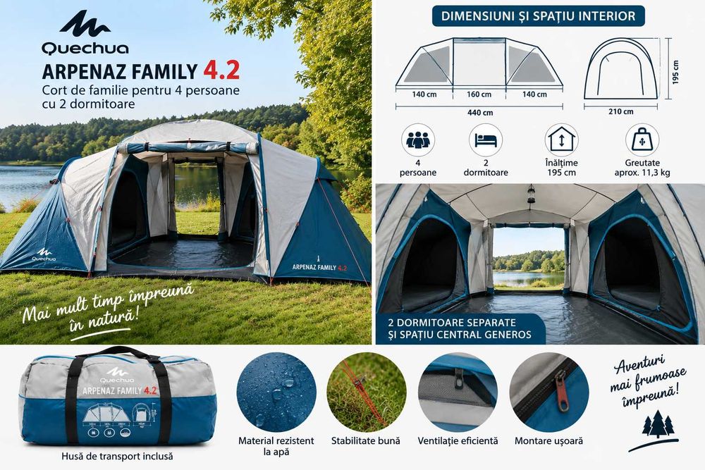 Cort Quechua Arpenaz Family 4.2 – 4 persoane, 2 dormitoare