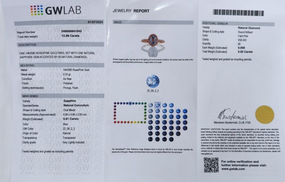 Inel din aur cu safir si diamante naturale certificat international