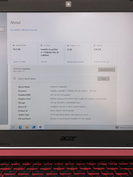 Acer Nitro AN515-51 | i7-7700HQ | 16GB RAM | 256GB SSD | 15.6"