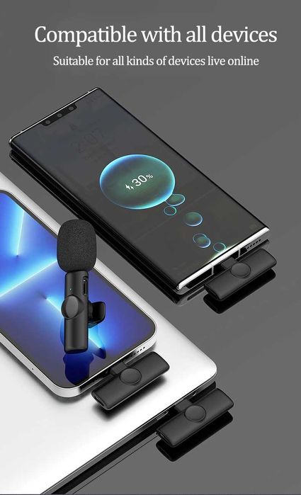 Безжичен микрофон с клипс за смартфон, айфон, лаптоп, подкаст, влог