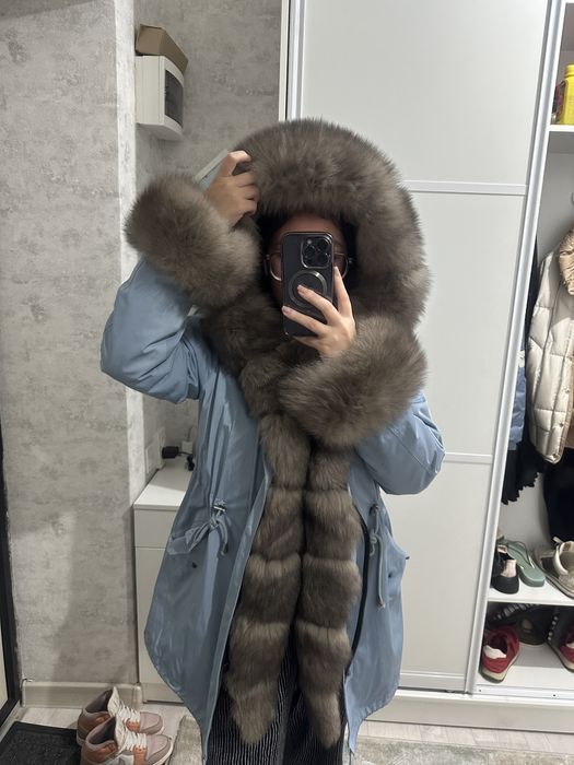 Меховая парка натуральный песец голубая