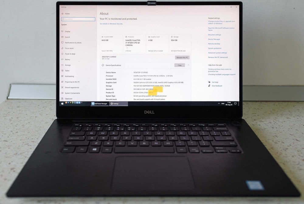 Laptop Dell XPS 15 9570    i7-9750H    4K Touch    64GB RAM    1TB SSD