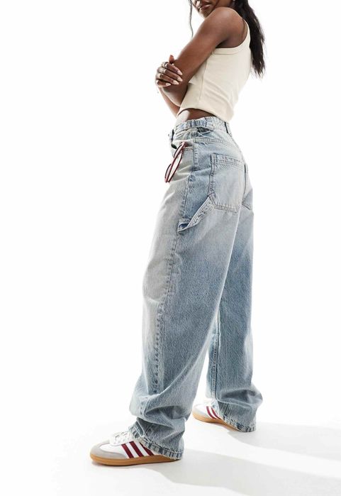 Bershka Дънки Adjustable Wide-Leg Balloon Carpenter Светлосини