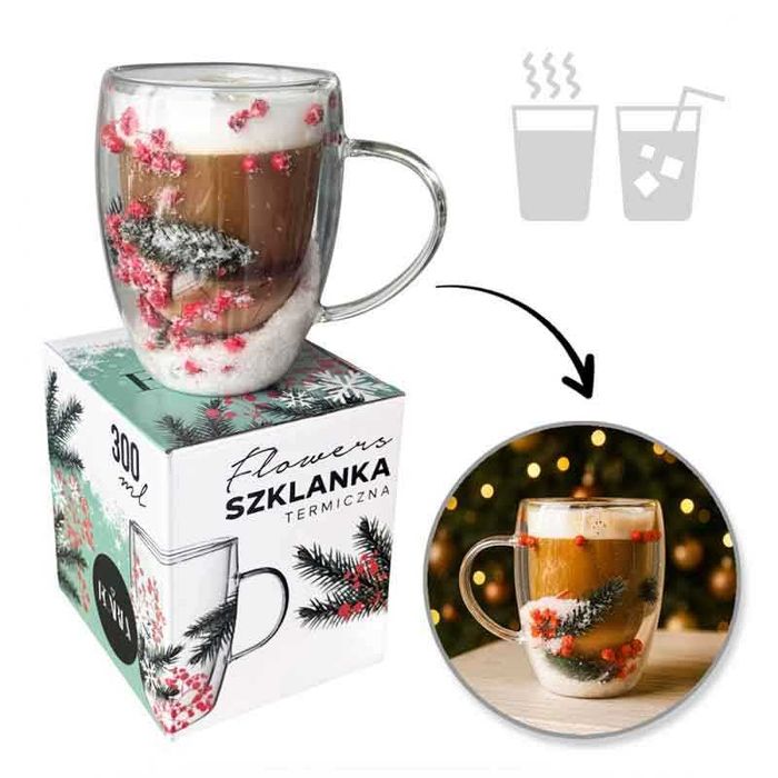 Термо стъклена чаша с цветя и коледни акценти, 300 мл