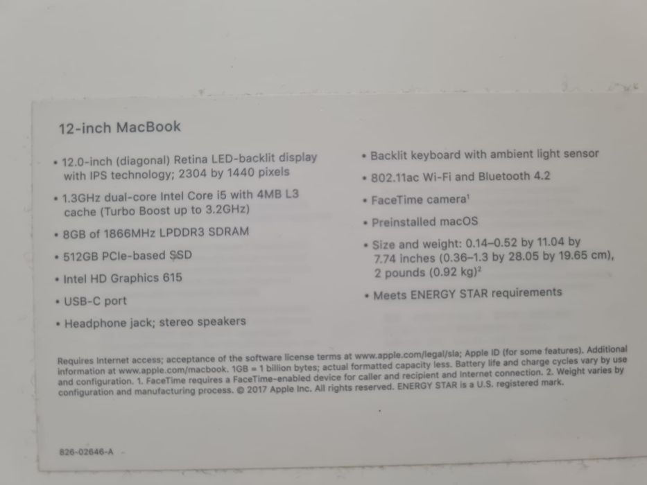 MacBook 12” 2017 512GB SSD Space Gray: 1.3 intel Core i5 8GB 1866Mhz