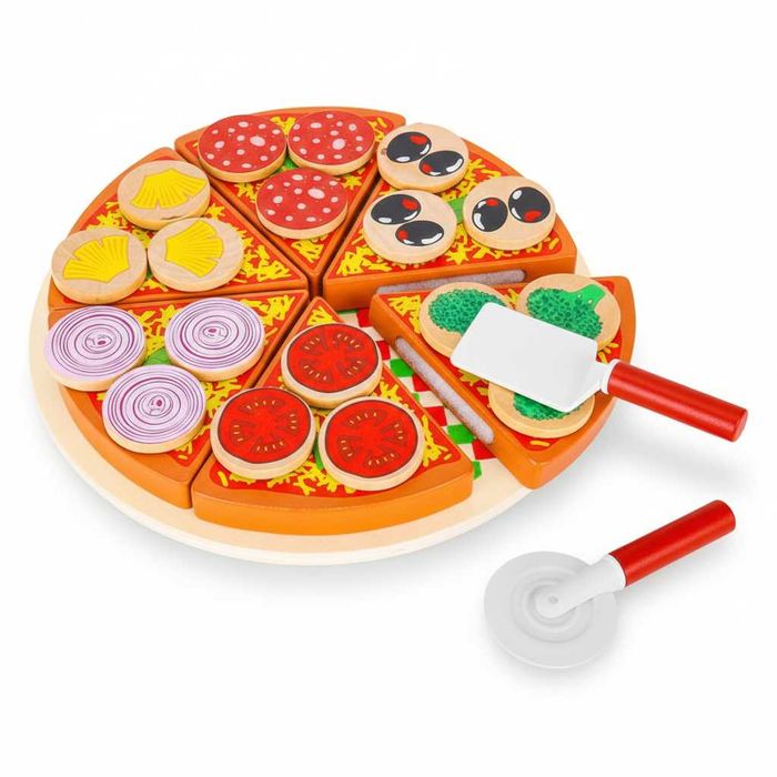 Set pizza din lemn 27 piese jucarie de rol copii cu accesorii si blat