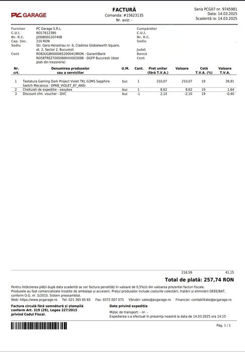Tastatura gaming mecanica factura si garantie