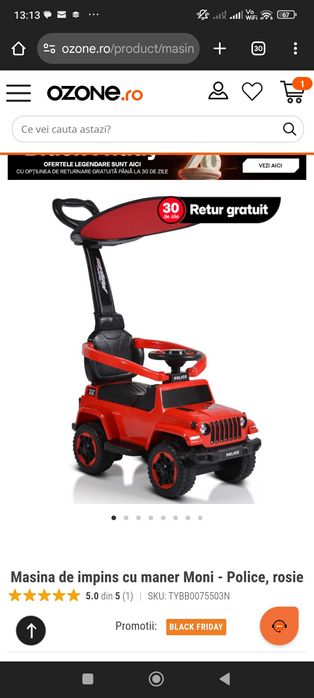 Mașinuță de împins, cu mâner detașabil și protecții laterale