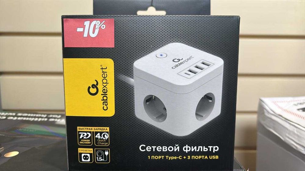 Сетевой фильтр Cablexpert Cube CUBE-3-CU3-W-1.5, 3р, 10А, 1xType-C PD
