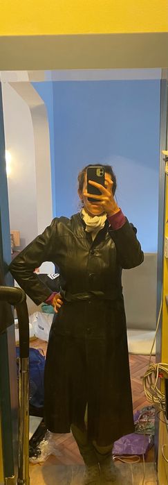 Черно Дамско кожено палто / кожен шлифер - истинска естествена кожа