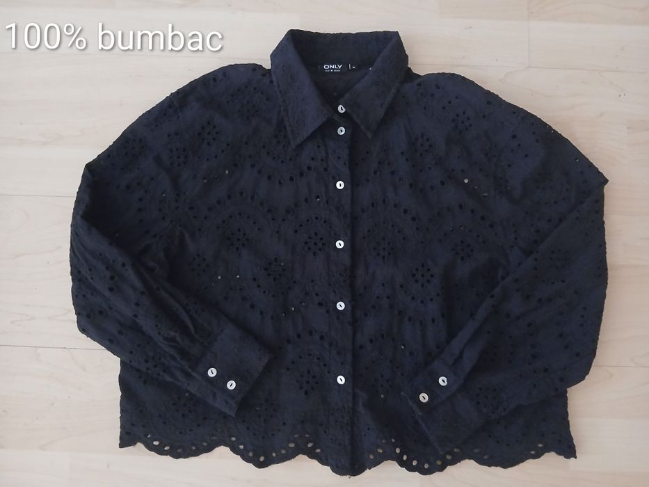 Cămașă neagră ONLY din bumbac 100%, cu broderie englezeasca, mărimea M