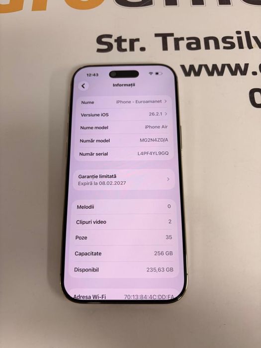 Telefon iPhone Air, 256GB, 5G, Light Gold, 11 cicluri -T-