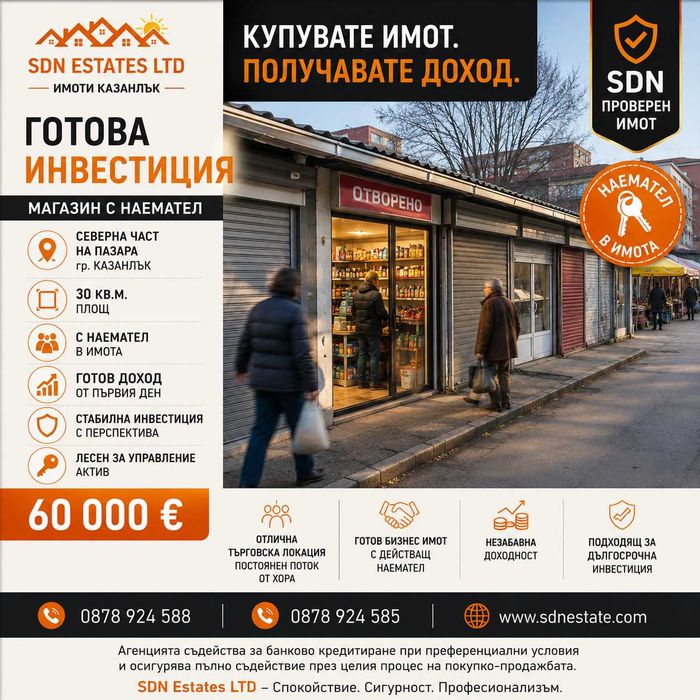 Магазин с наемател в Казанлък | Инвестиционен имот до Пазара