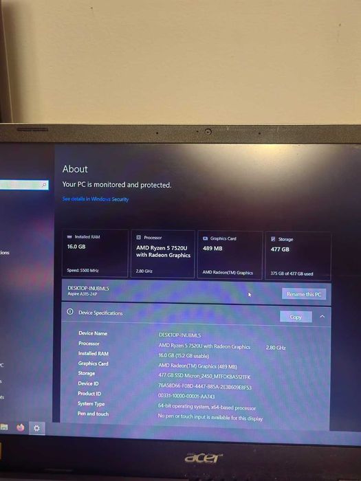 Laptop ACER 16 Ryzen 5 gen 7, 16GB ram, 512gb SSD