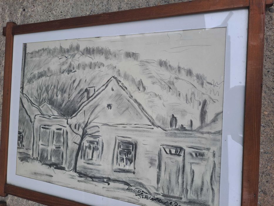 tablou desen in carbune 38/51 cm semnat Anton Klecka 1980