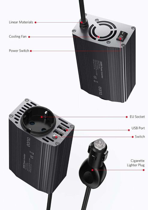 Invertor de tensiune Eono 12 V 230 V,300 W,sigilat