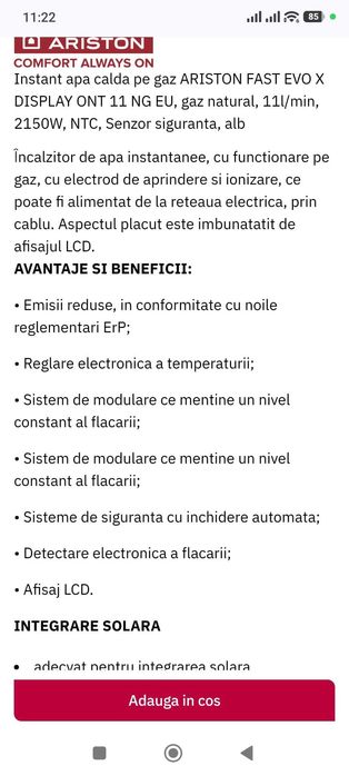 Instant apa calda pe gaz ARISTON FAST EVO X Display ONT 11 NG EU