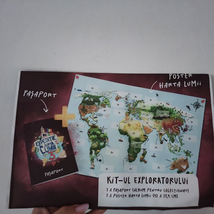 Album kit Expediție în jurul lumii 3( harta și pasaport)nou sigilat și colecția completa de 96 cartonase