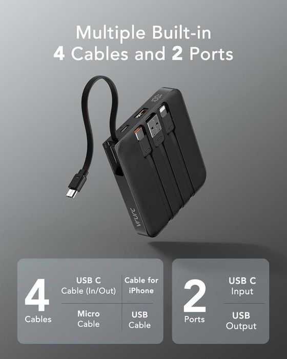 Външна батерия VRURC 10000mAh 22.5W вградени кабели дисплей
