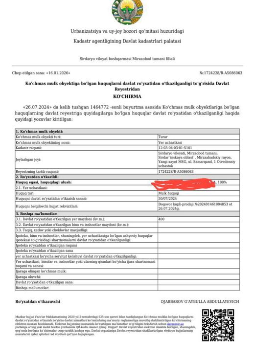 Учаска сотилади 4 сотих Мирзабод туман янги хает Мфйда сув газ ток бор