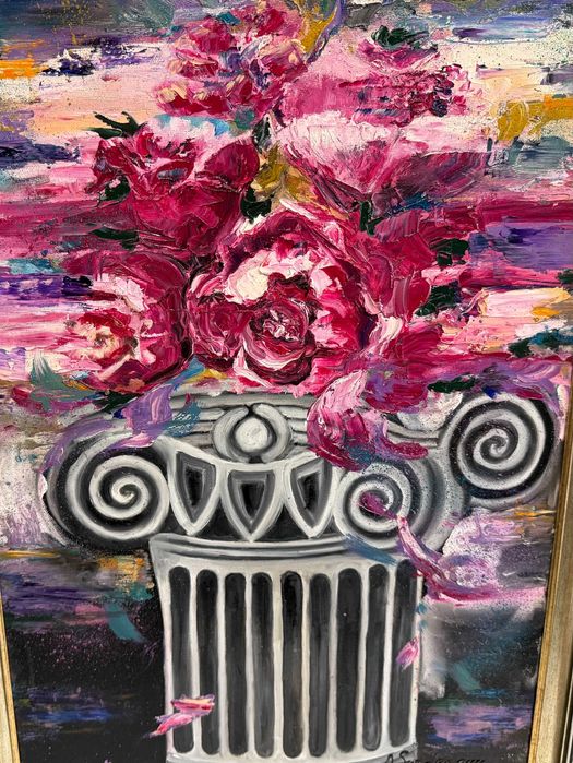 Spectaculoasa pictura mare-noua-Bujori rosii , inramat, pictor roman