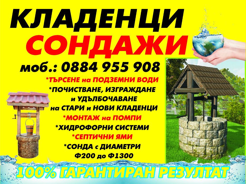 КЛАДЕНИЧАР, Георадар,  Сонда, Кладенец, Пилоти Проучване за водя 100%