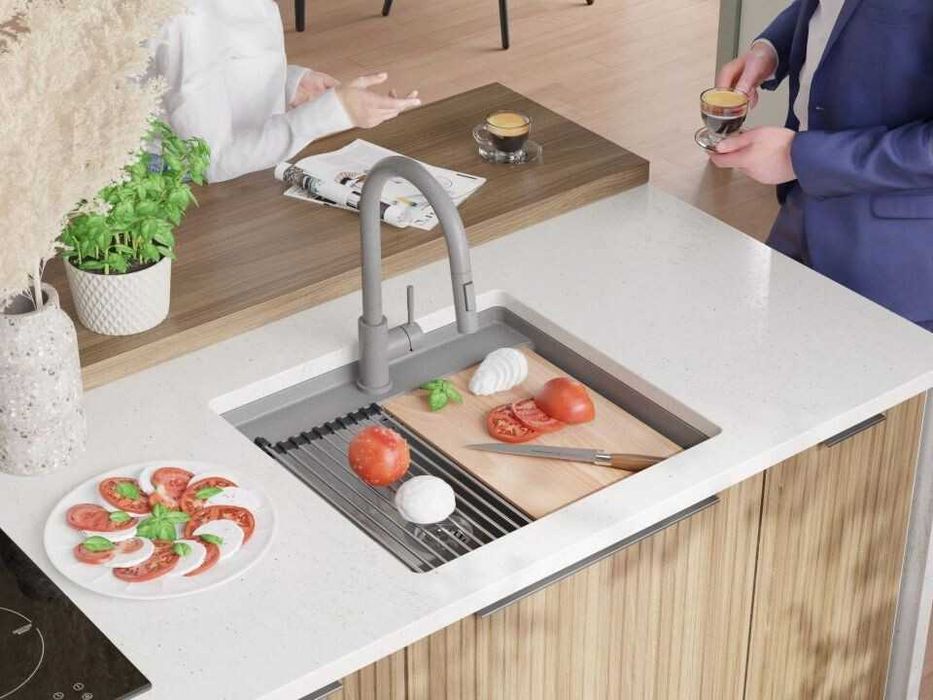 Сива кухненска мивка за вграждане под плот Берген 60 Low 560x530 мм