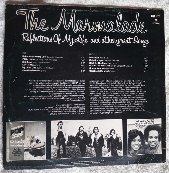 Грамафона плоча The Marmalade "Reflection ofmylife..." 1974 Decca