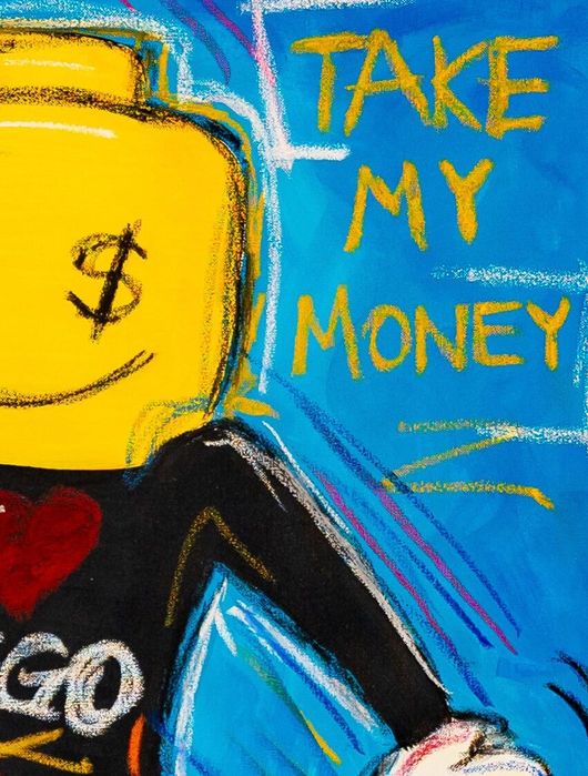 Tablou original inspirat de Mickey Mouse si LEGO, pictat manual cu acrilice pe canvas 47x65 cm