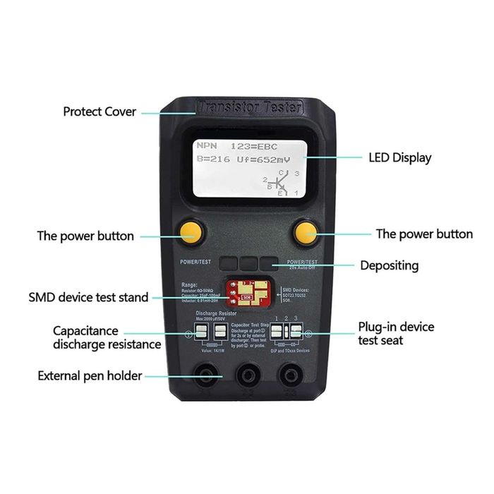 Multimetru Tester tranzistori, diode, triode, condesatori, bobine,SMD.