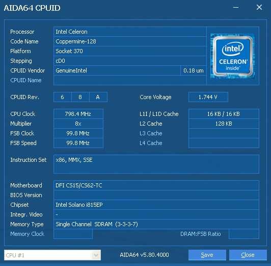 Intel Celeron Coppermine 800/128/100/1.75V SL54P Socket 370 Testat