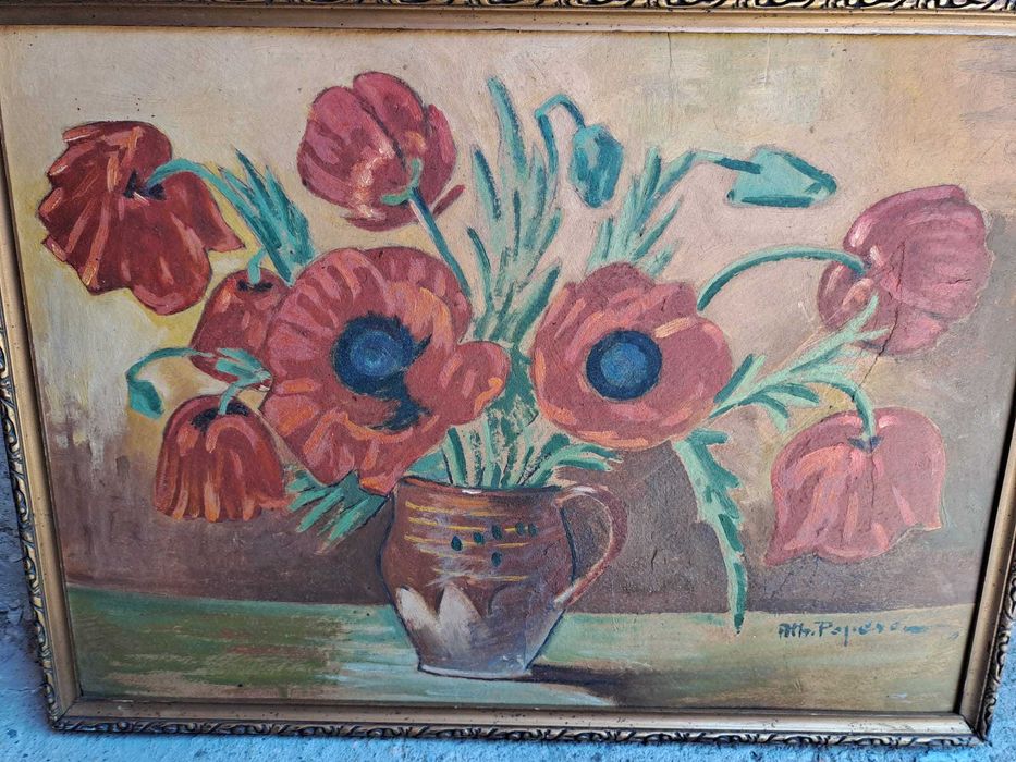 tablou romanesc pictura pe carton gros 59/39 cm semnat Ath Popescu