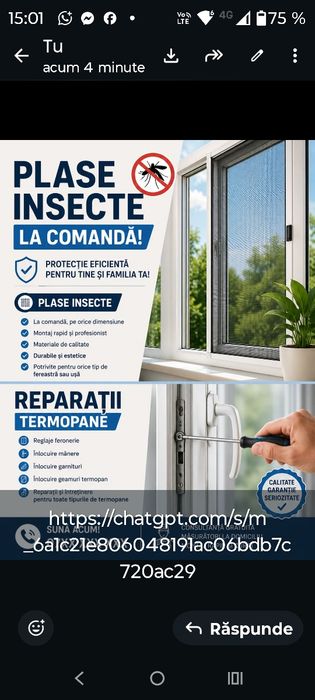 Montaj ,reparatii tamplarie PVC și Al plase insecte la comanda