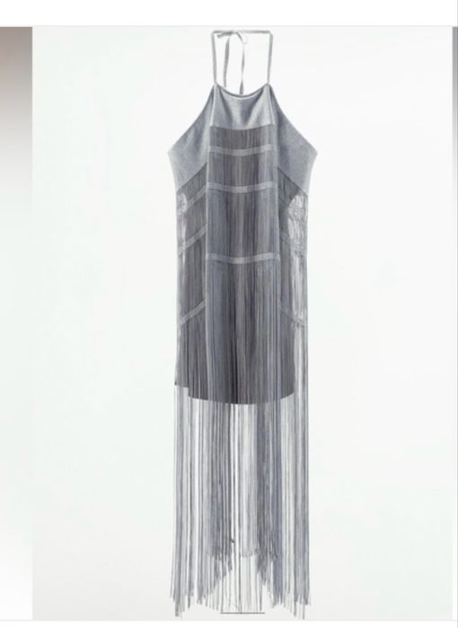 Rochie party Zara , noua, XS, gri argintiu cu franjuri
